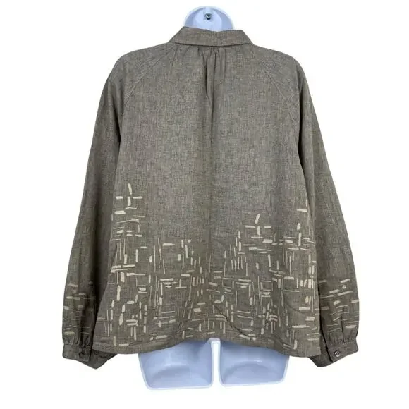 Poetry Top Womens 14 Tan Beige Linen Cotton Boxy Lagenlook Artsy Embroidered - Picture 10 of 14